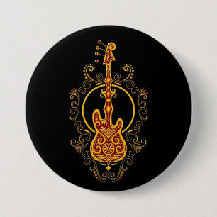 Intricate Golden Red Bass Guitar Design on Black 7.5 Cm Round Badge