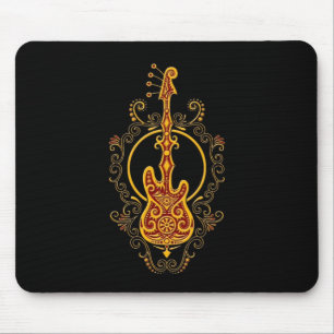 Intricate Golden Red Bass Guitar Design on Black Mouse Pad