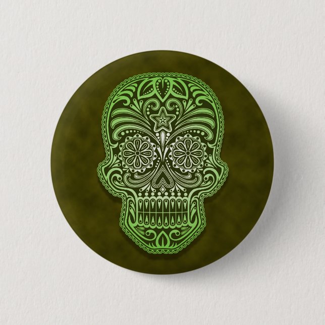 Intricate Green Sugar Skull 6 Cm Round Badge (Front)