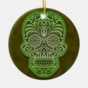 Intricate Green Sugar Skull Ceramic Tree Decoration