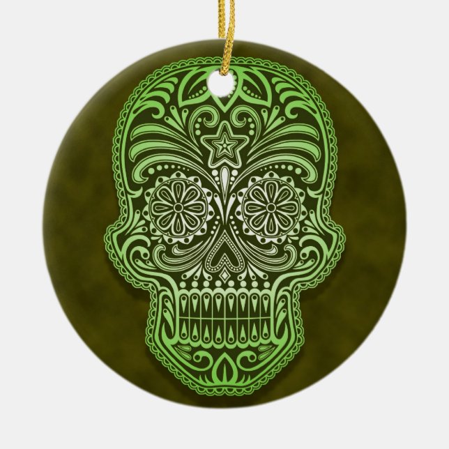 Intricate Green Sugar Skull Ceramic Tree Decoration (Front)