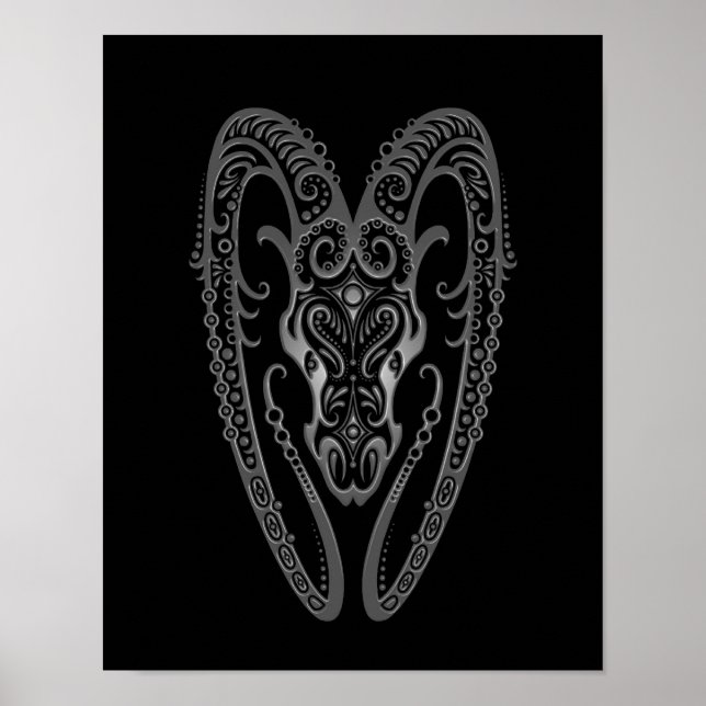 Intricate Grey Aries Zodiac on Black Poster (Front)