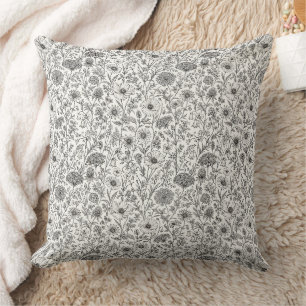 Intricate Hand-Drawn Wildflower Ink Art Cushion