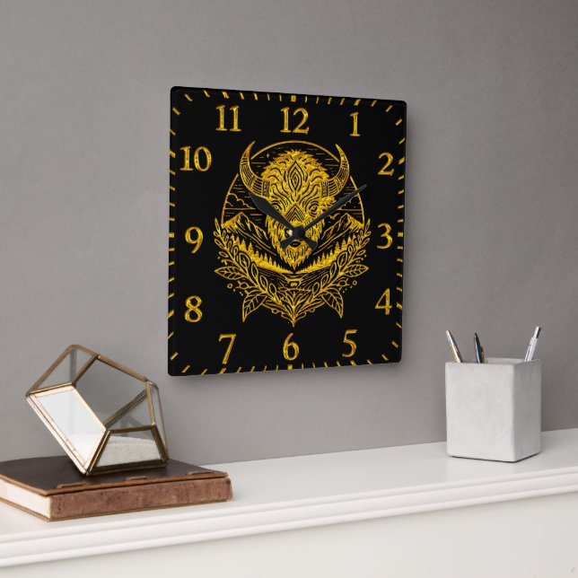 Intricate Illustration of a Gold Bison in Nature Square Wall Clock (Office)