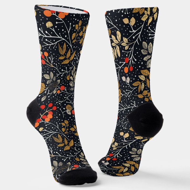 Intricate Leaf and Berry Pattern On Black Socks (Angled)