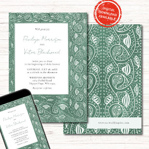 Intricate Leaf Frame on Green Wedding Invitation