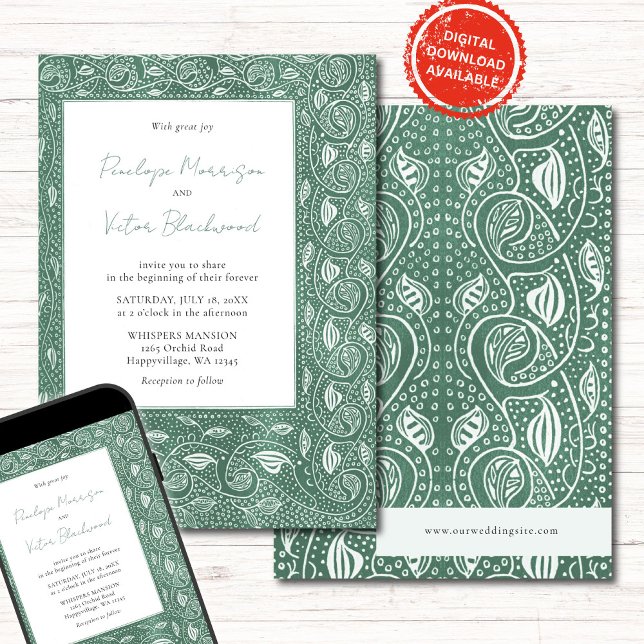 Intricate Leaf Frame on Green Wedding Invitation (Creator Uploaded)