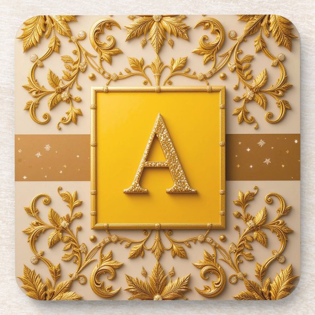 Intricate Letter A Design with Golden Borders Coaster (Front)