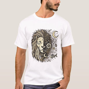 Intricate Lion Head Illustration with Floral and C T-Shirt
