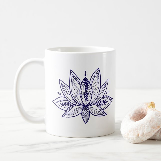 Intricate Lotus Flower Distressed Line Art Coffee Mug (With Donut)