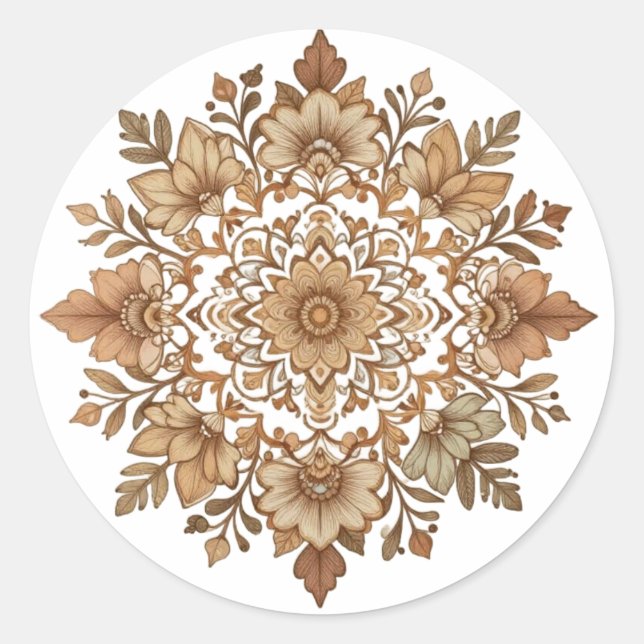 Intricate Mandala Floral Brown Tones Art Classic Round Sticker (Front)