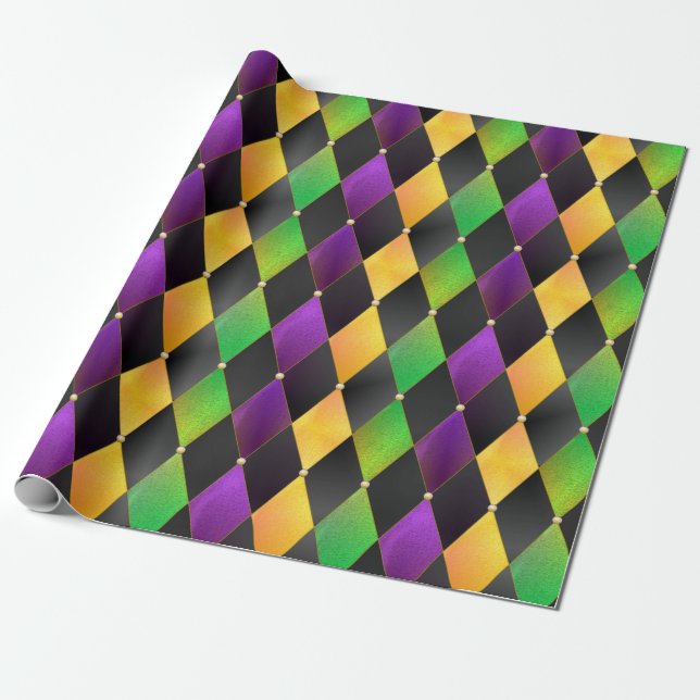 Intricate Mardi Gras Colours Diamond Argyle Wrapping Paper (Unrolled)