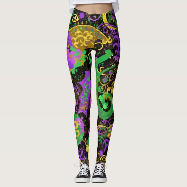 Intricate Mardi Gras Colours Dragon Damask Leggings (Front)