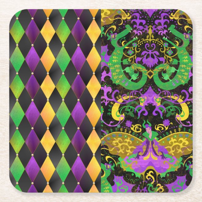 Intricate Mardi Gras Colours Dragon, Diamond Square Paper Coaster (Front)