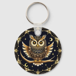 Intricate Night Owl Illustration Key Ring
