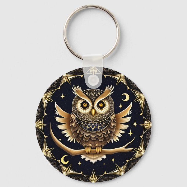 Intricate Night Owl Illustration Key Ring (Front)