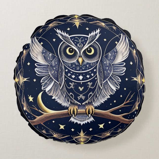 Intricate Night Owl Illustration Round Cushion (Front)