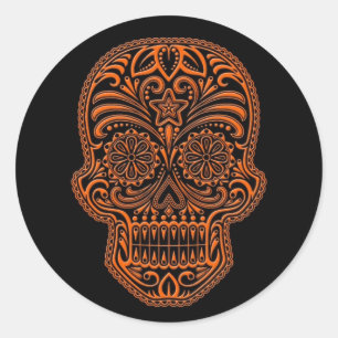 Intricate Orange Sugar Skull on Black Classic Round Sticker