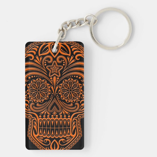 Intricate Orange Sugar Skull on Black Key Ring (Back)