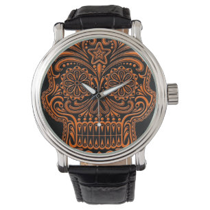 Intricate Orange Sugar Skull on Black Watch