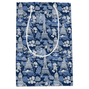Intricate Parisian Blue Toile patterned Medium Gift Bag