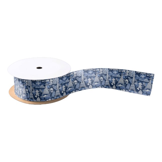 Intricate Parisian Blue Toile patterned Satin Ribbon (Spool)