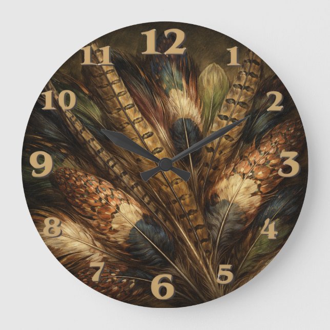 Intricate pheasant feather close-up large clock (Front)
