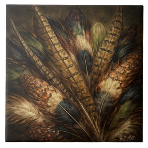 Intricate pheasant feather close-up tile