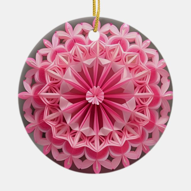 Intricate Pink Floral Origami Design Ceramic Tree Decoration (Front)