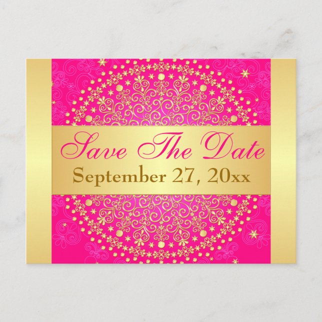 Intricate PInk, Gold Scrolls Save the Date Card (Front)