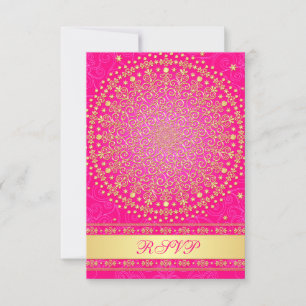 Intricate Pink, Gold Scrolls Wedding RSVP Card
