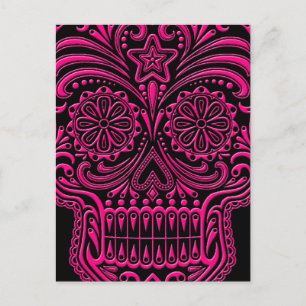Intricate Pink Sugar Skull on Black Postcard