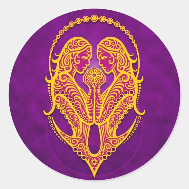 Intricate Purple and Yellow Tribal Gemini Classic Round Sticker (Front)