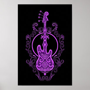 Intricate Purple Bass Guitar Design on Black Poster
