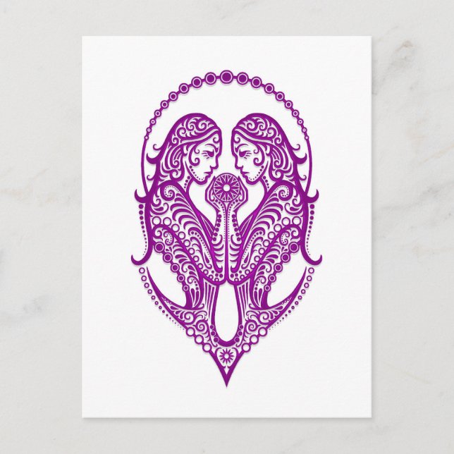 Intricate Purple Gemini Zodiac on White Postcard (Front)