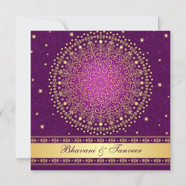 Intricate Purple Gold Scrolls Stars Wedding Invite (Front)