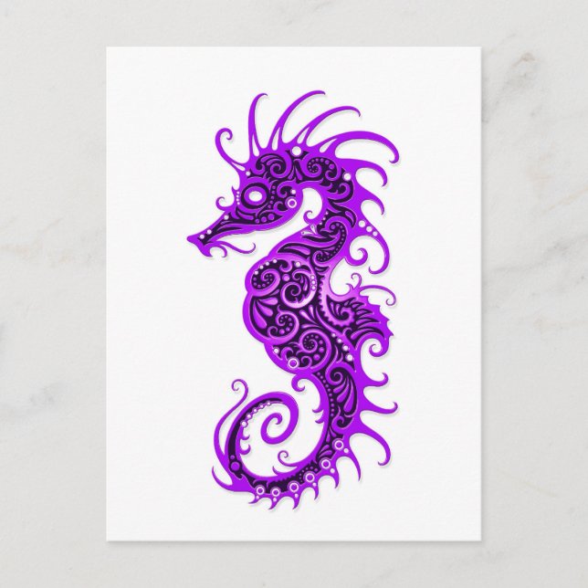 Intricate Purple Seahorse Design on White Postcard (Front)