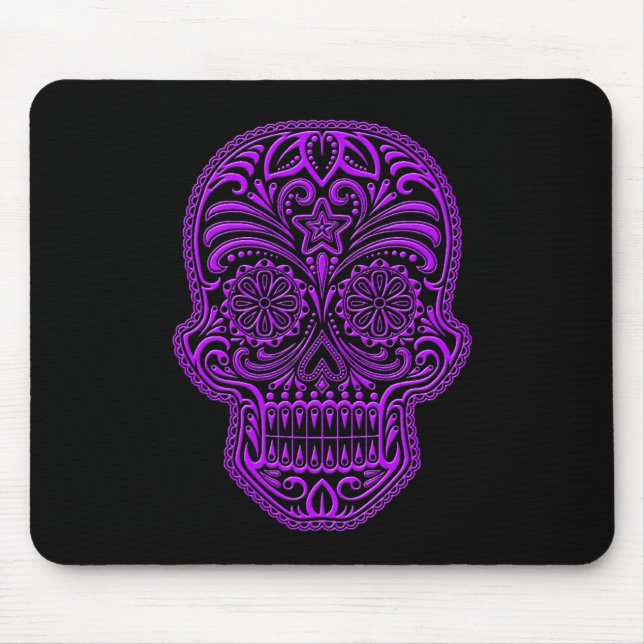 Intricate Purple Sugar Skull on Black Mouse Pad (Front)
