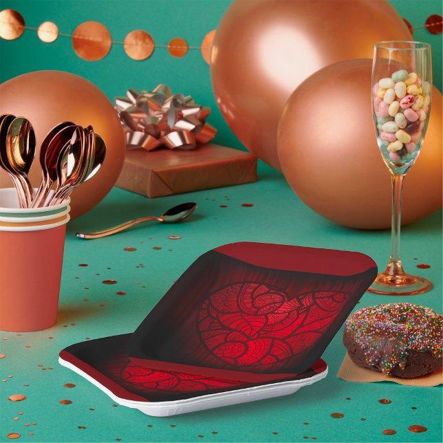 Intricate Red Mandala Heart Romantic Boho Pattern  Paper Plate (Creator Uploaded)