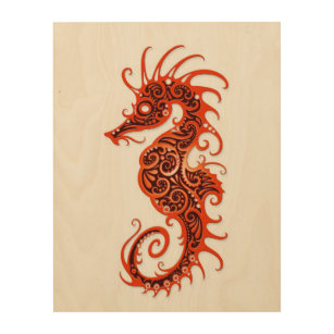 Intricate Red Seahorse Design on White Wood Wall Art
