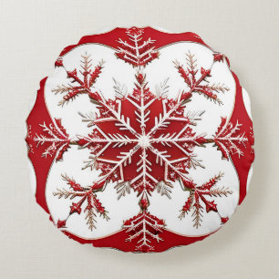 Intricate Red Snowflake Design Round Cushion