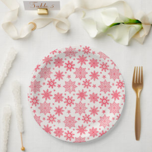 Intricate Red Snowflake Pattern Paper Plate