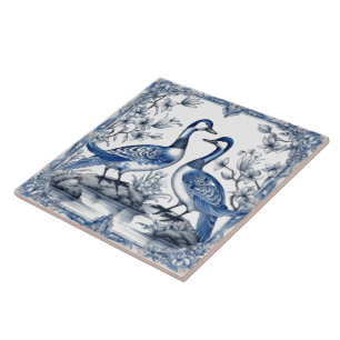 Intricate Rustic Indigo Azulejo Tiles With Ducks