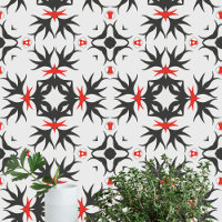 Intricate Sharp Black Red Motifs on Light Grey