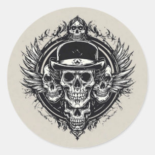 Intricate Skull Design Featuring Wings and Symbols Classic Round Sticker