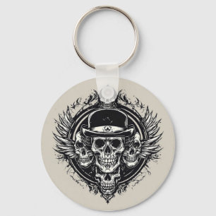 Intricate Skull Design Featuring Wings and Symbols Key Ring