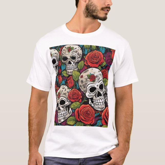 Intricate Skulls & Roses Art Pattern T-Shirt (Front)