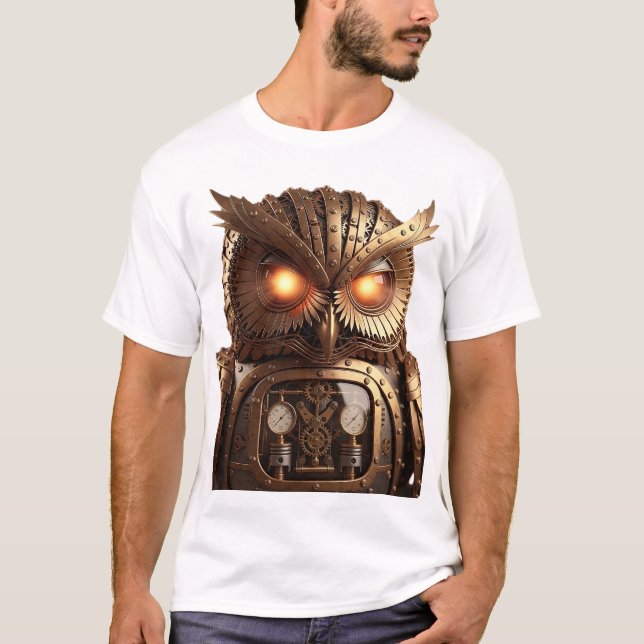 Intricate Steampunk Owl Automaton with Glowing Eye T-Shirt (Front)