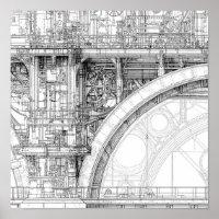Intricate Steampunk Scaffolding Technical Line Art