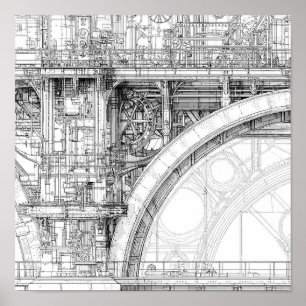 Intricate Steampunk Scaffolding Technical Line Art Poster
